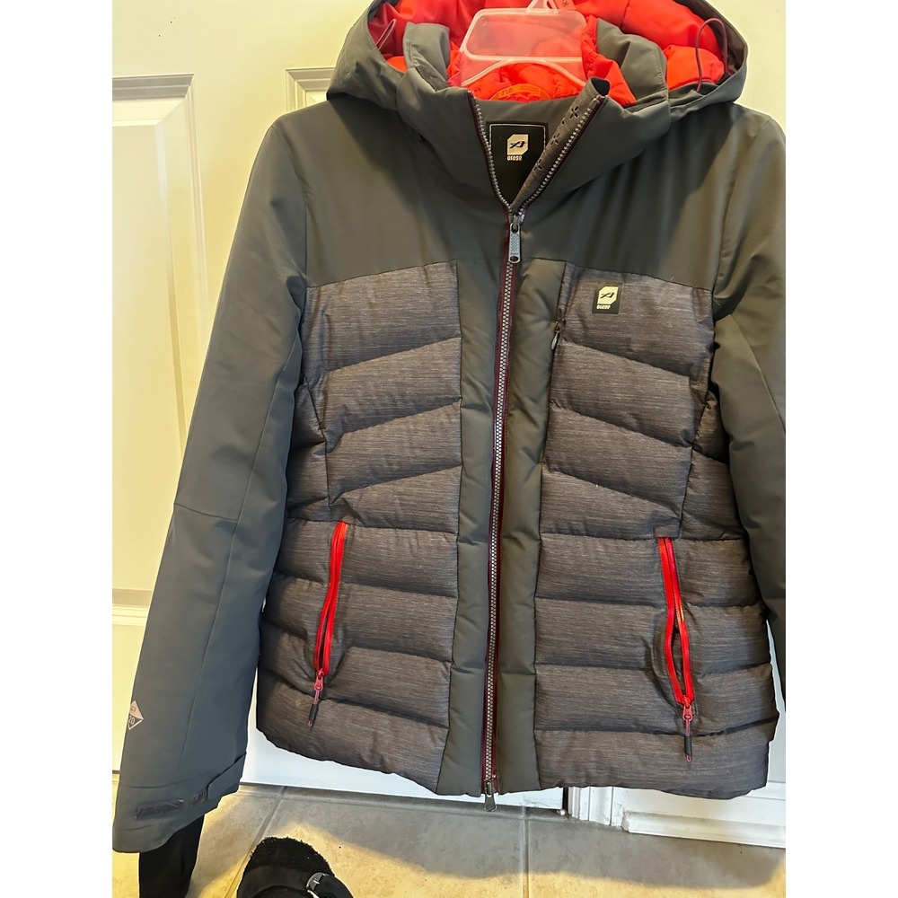 orage womens ski jacket,  dark gray, red accents, heavy insulated